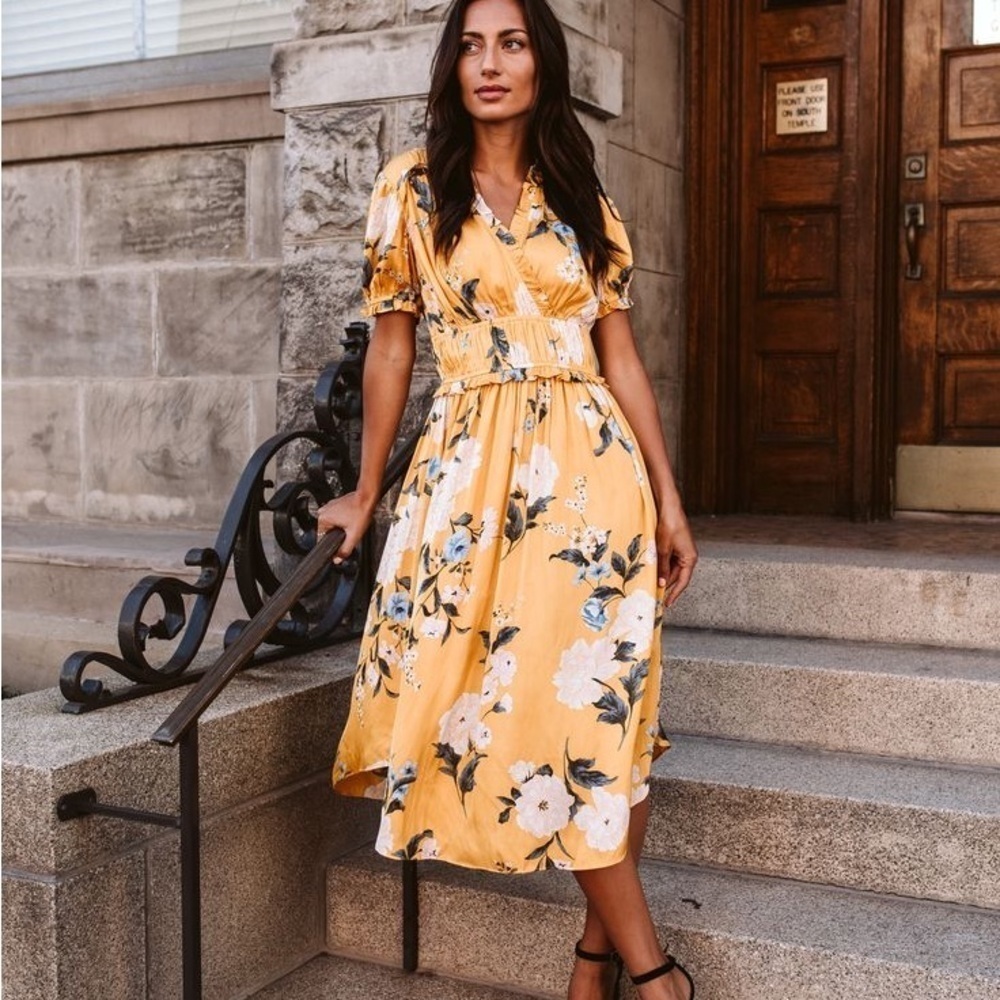 ANTHROPOLOGIE Current Air Marigold V Neck Japanese Floral Canary Midi Dress